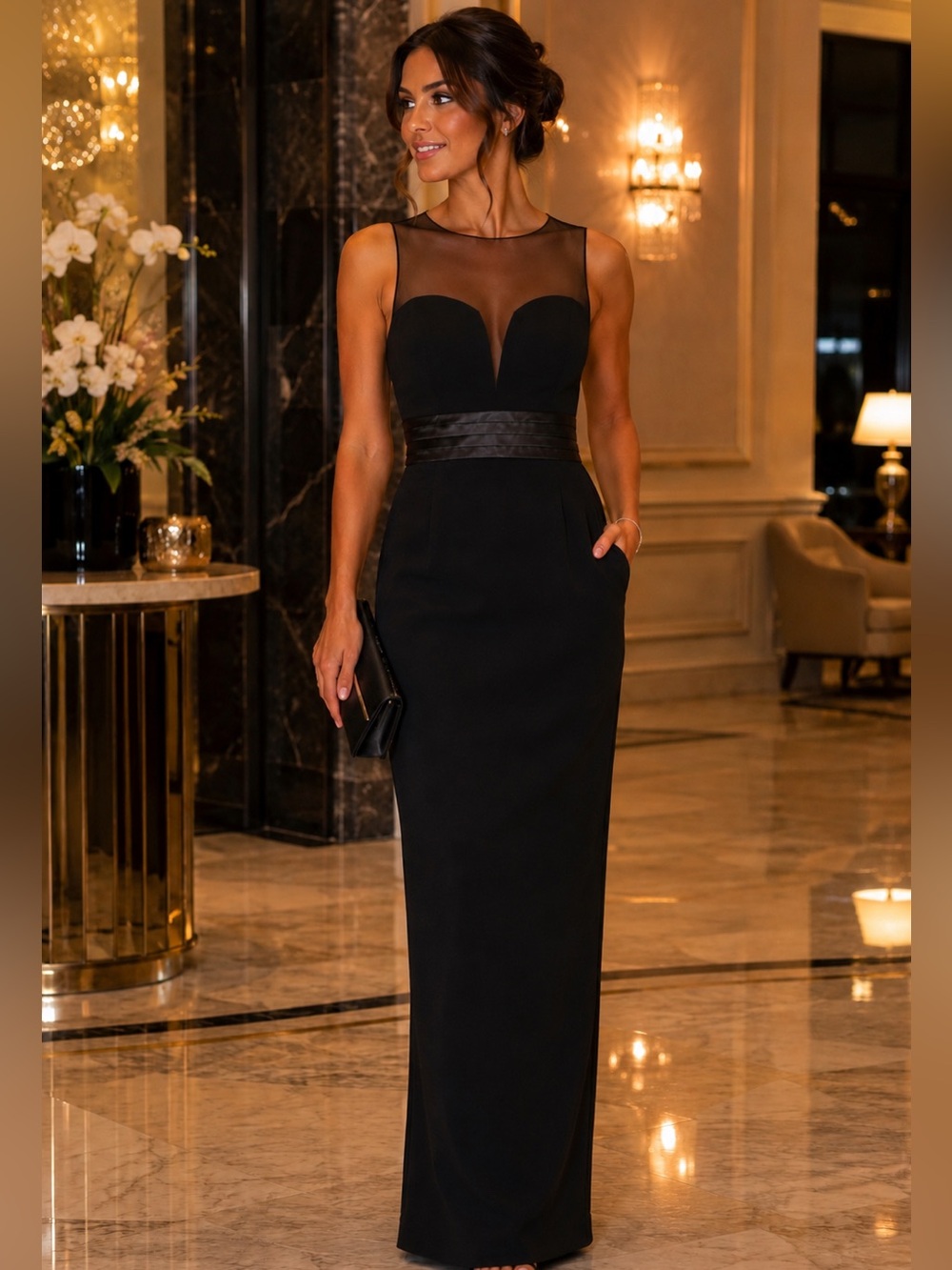 Badgley Mischka Collection Black Illusion Mesh Column Gown Pockets (4) Black Tie